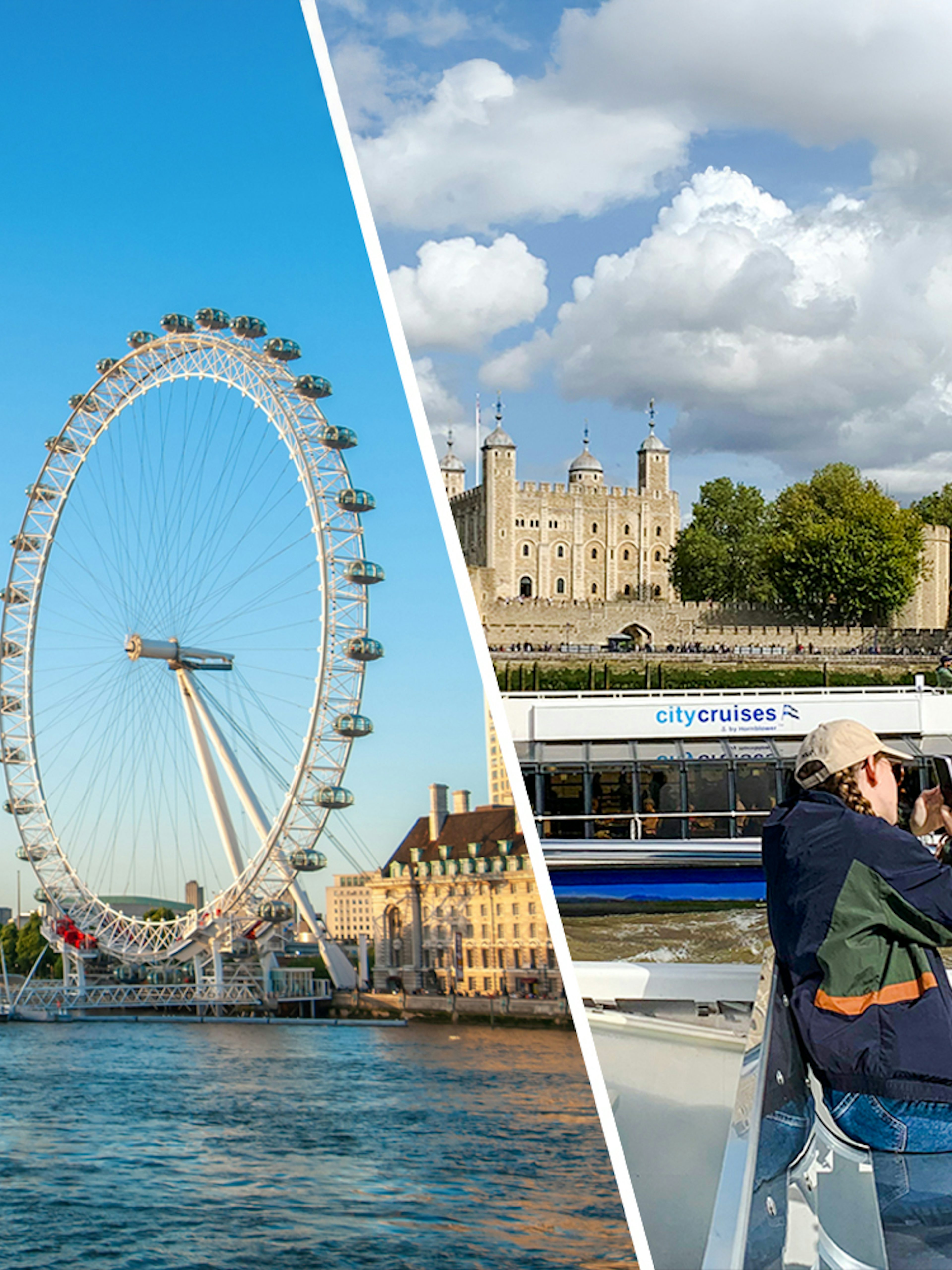 London Eye and Thames River cruise boat near Tower of London.