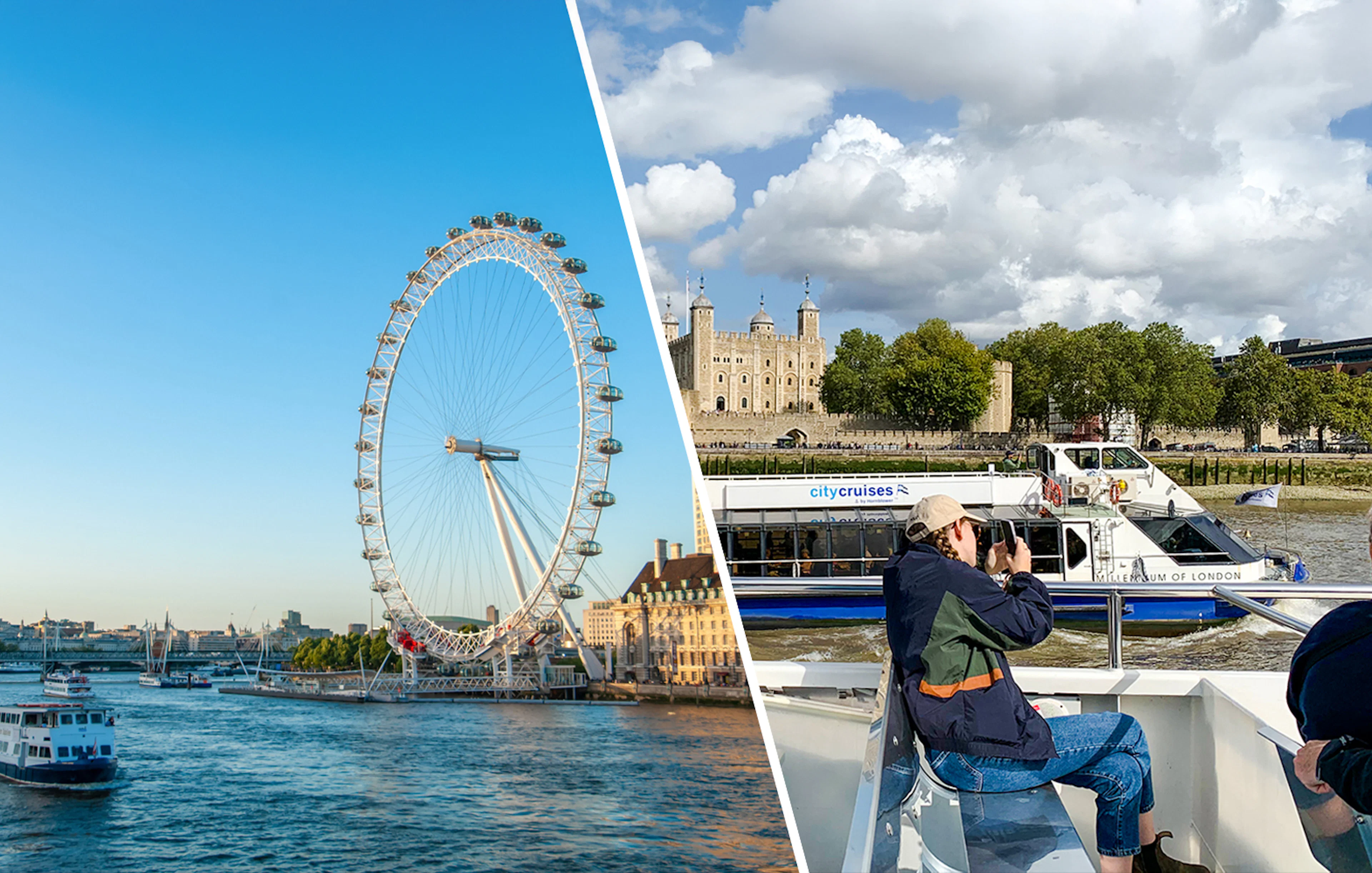 London Eye and Thames River cruise boat near Tower of London.
