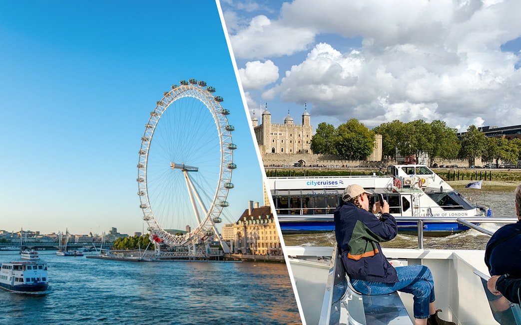 London Eye and Thames River cruise boat near Tower of London.