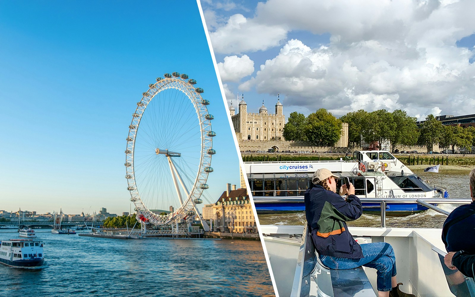 London Eye and Thames River cruise boat near Tower of London.