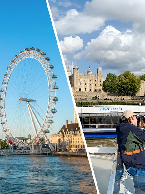 London Eye and Thames River cruise boat near Tower of London.