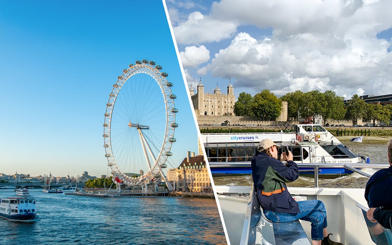 London Eye and Thames River cruise boat near Tower of London.