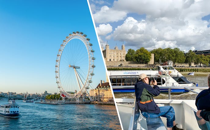 London Eye and Thames River cruise boat near Tower of London.