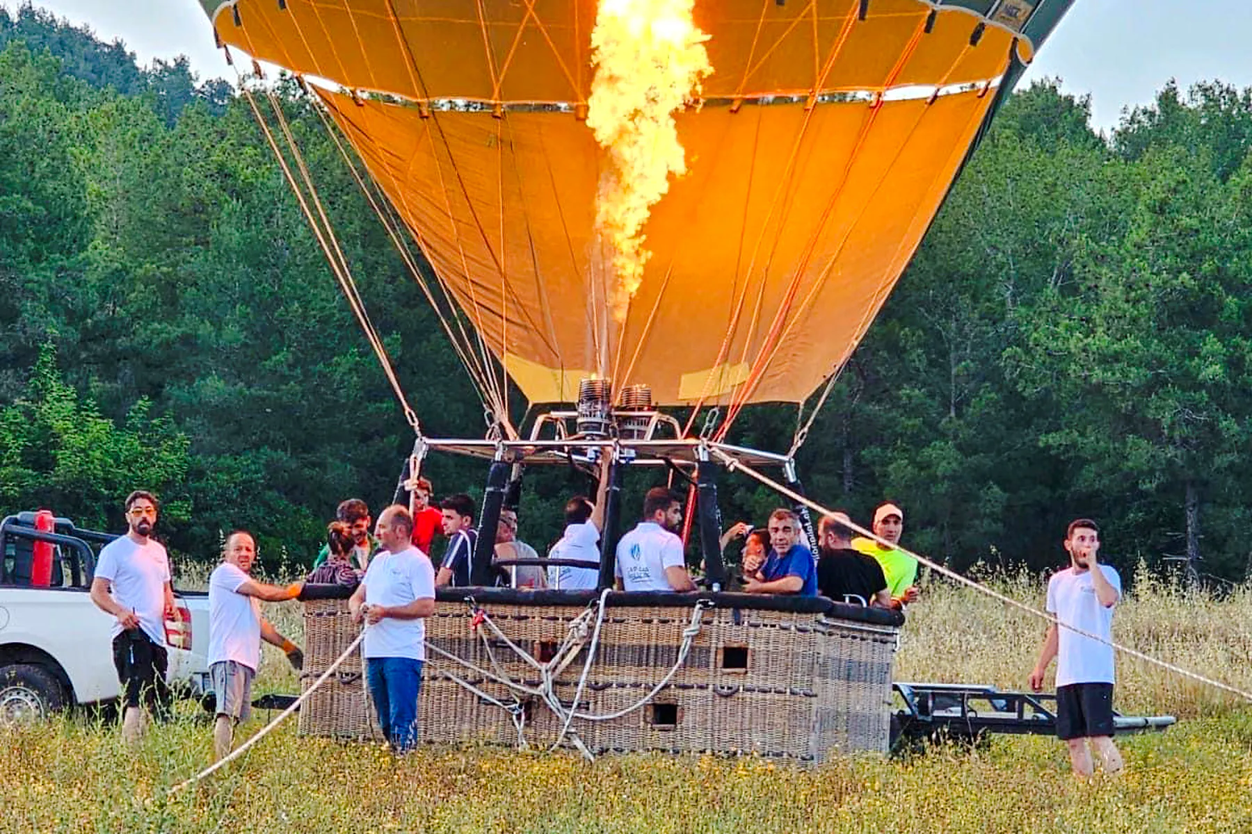 Hot air balloon preparing for flight in Ihlara Valley, Cappadocia.
