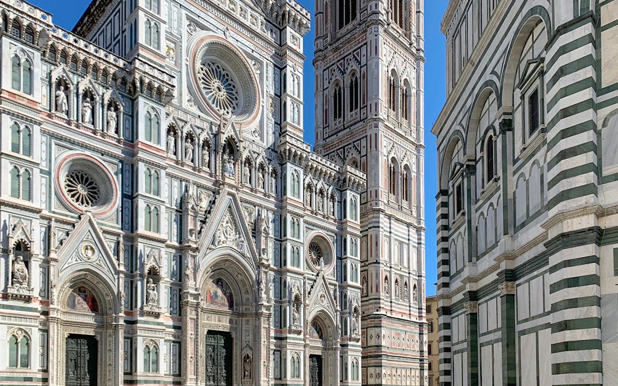 Florence Cathedral facade and Giotto's Campanile on the walking tour.