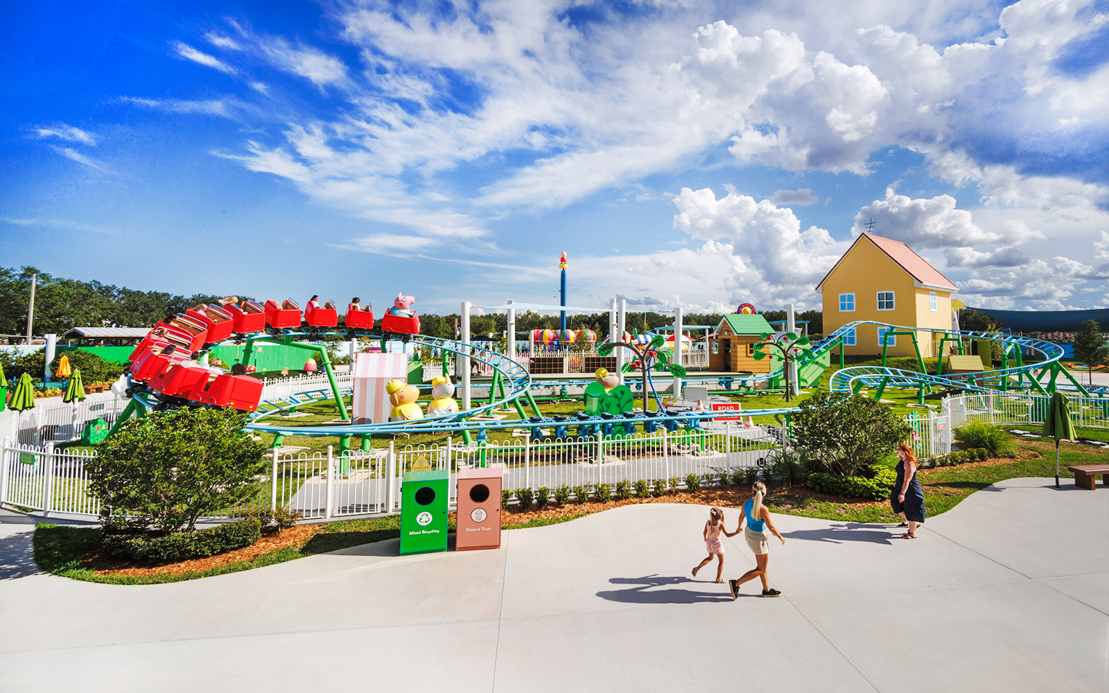 Roller coaster at Peppa Pig Park in Guntzburg with colorful rides and family attractions.