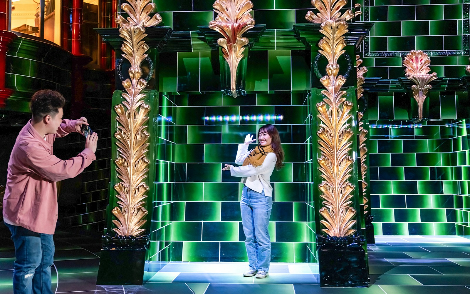 Visitors photographing the Ministry of Magic set at Warner Bros. Studio Tour Tokyo.