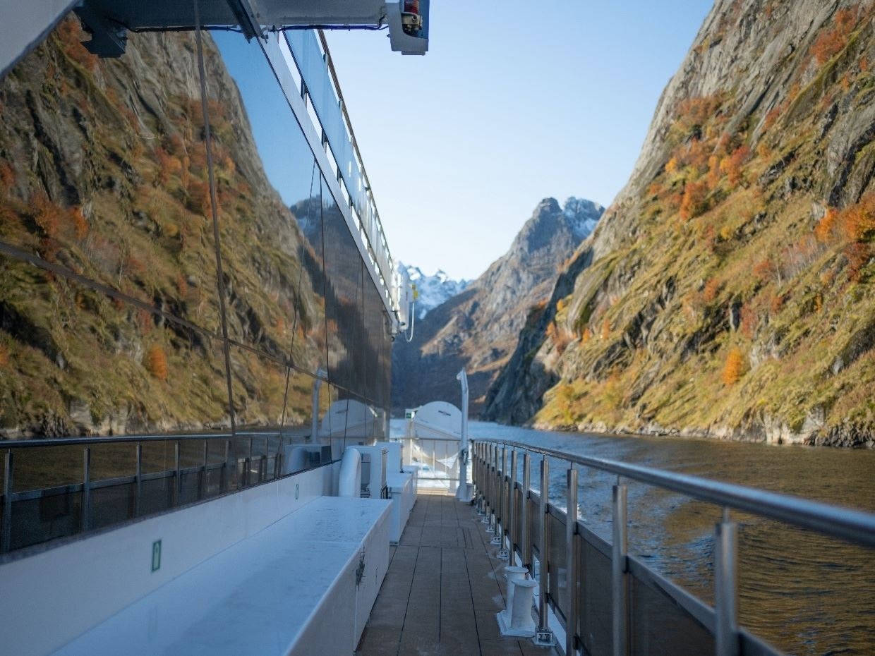 Cruise ship deck view of Trollfjord cliffs, Lofoten.