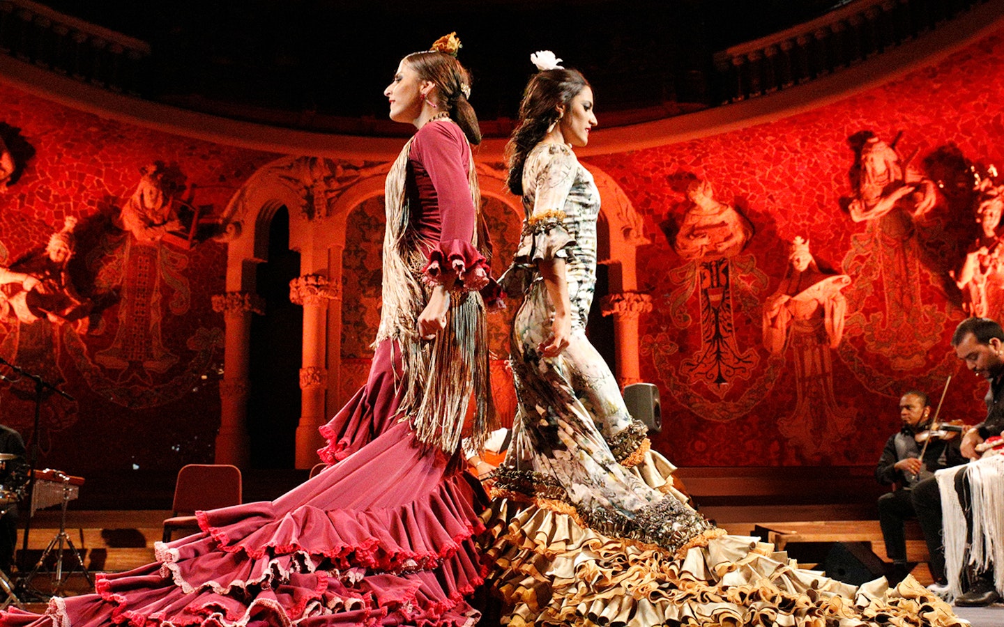 Flamenco dancers performing at Palau de La Música Catalana during Gran Gala Flamenco Show.