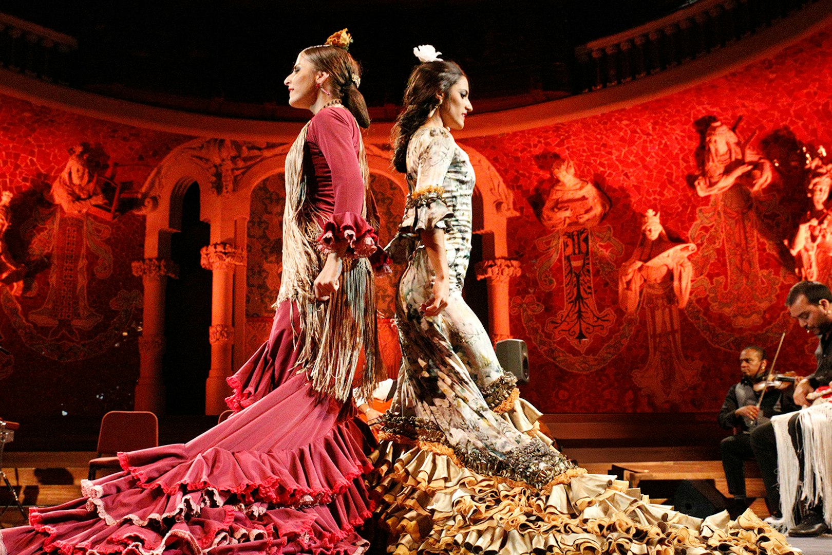 Flamenco dancers performing at Palau de La Música Catalana during Gran Gala Flamenco Show.