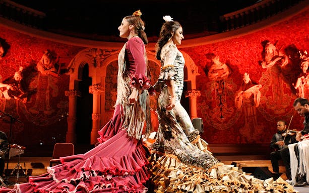 Flamenco dancers performing at Palau de La Música Catalana during Gran Gala Flamenco Show.
