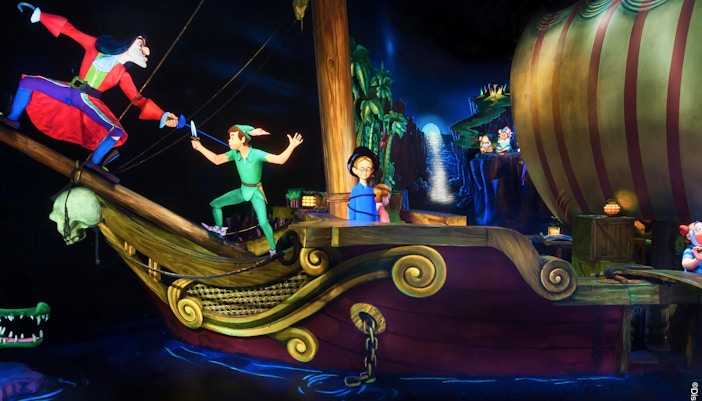 Peter Pan's Flight ride at Disneyland Paris with flying pirate ship over London skyline.