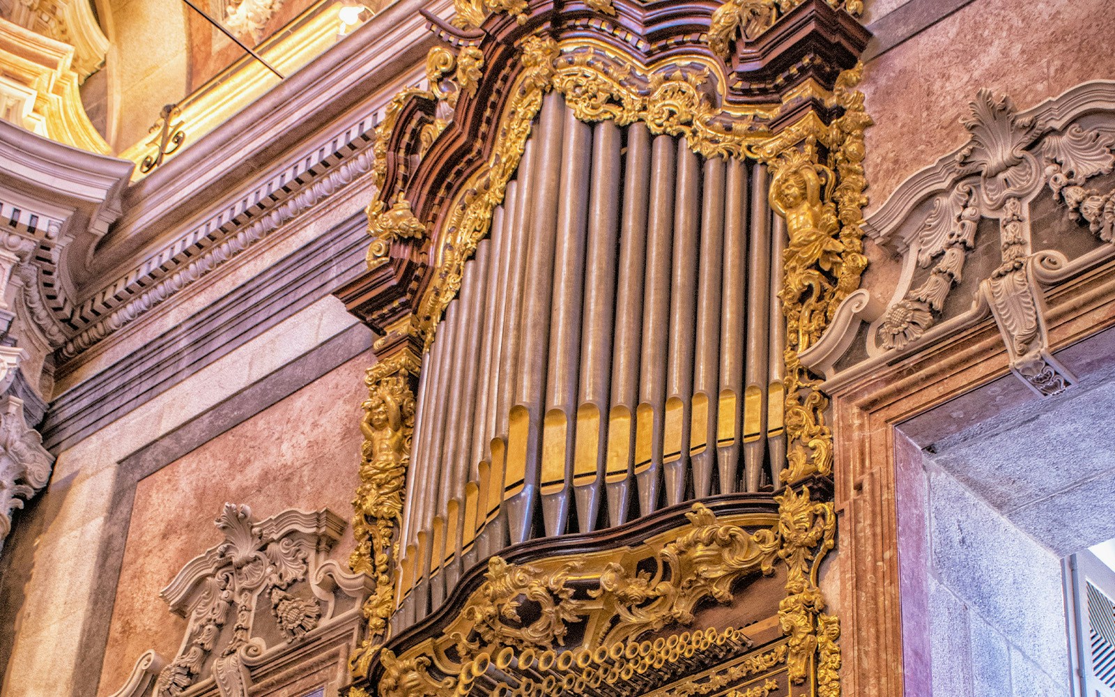Clerigos Tower ornate pipe organ detail in Porto, Portugal.