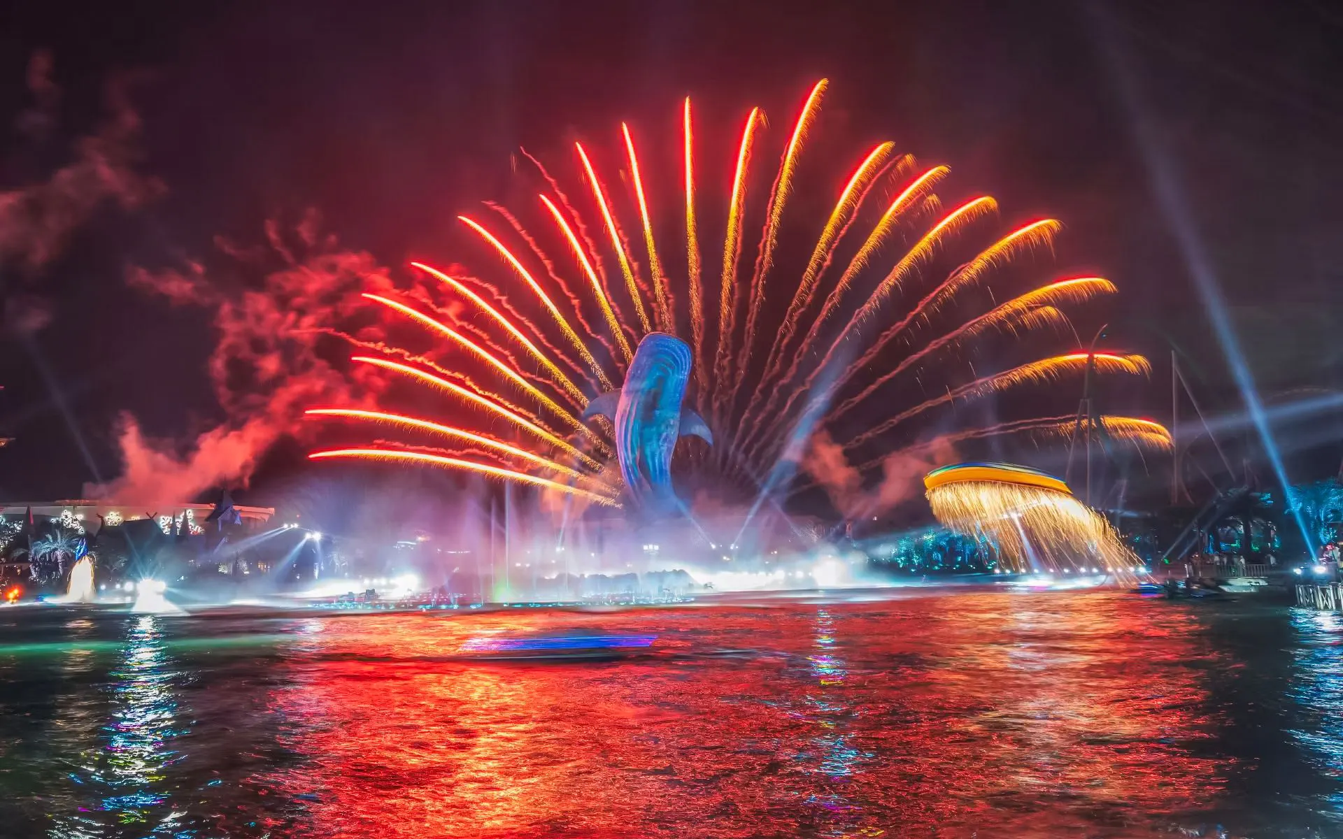 Fireworks and water show at Chimelong Ocean Kingdom, Zhuhai, China.