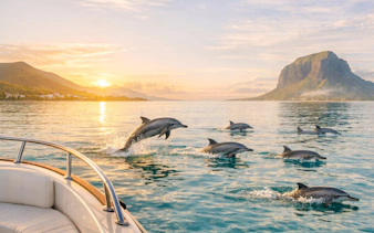 Dolphins leaping near a boat with Le Morne Brabant in Mauritius at sunrise.