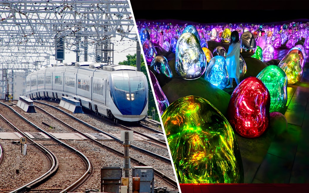 Skyliner Narita Express train on tracks and colorful digital art at teamLab Planets Tokyo.
