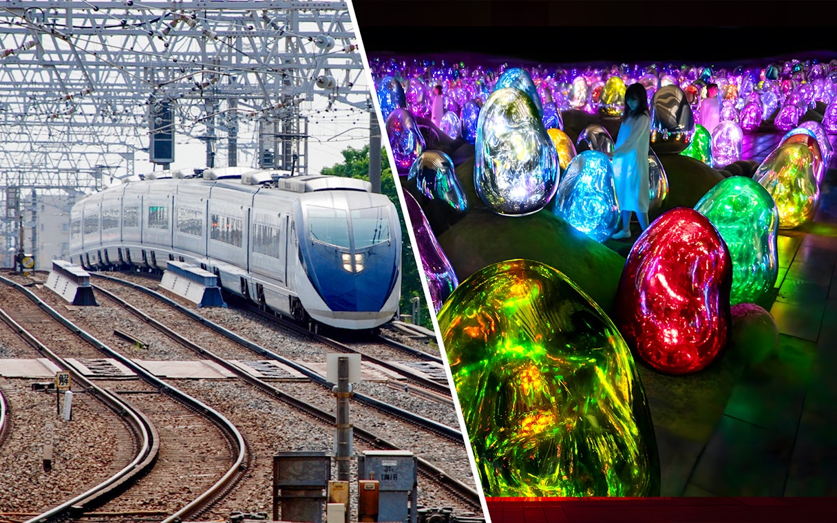 Skyliner Narita Express train on tracks and colorful digital art at teamLab Planets Tokyo.