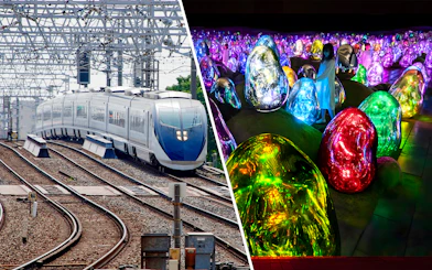 Skyliner Narita Express train on tracks and colorful digital art at teamLab Planets Tokyo.