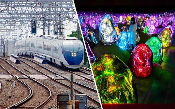 Skyliner Narita Express train on tracks and colorful digital art at teamLab Planets Tokyo.
