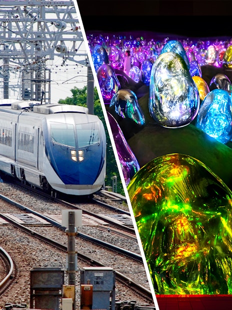 Skyliner Narita Express train on tracks and colorful digital art at teamLab Planets Tokyo.