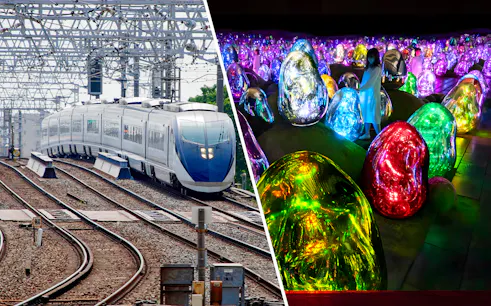 Skyliner Narita Express train on tracks and colorful digital art at teamLab Planets Tokyo.