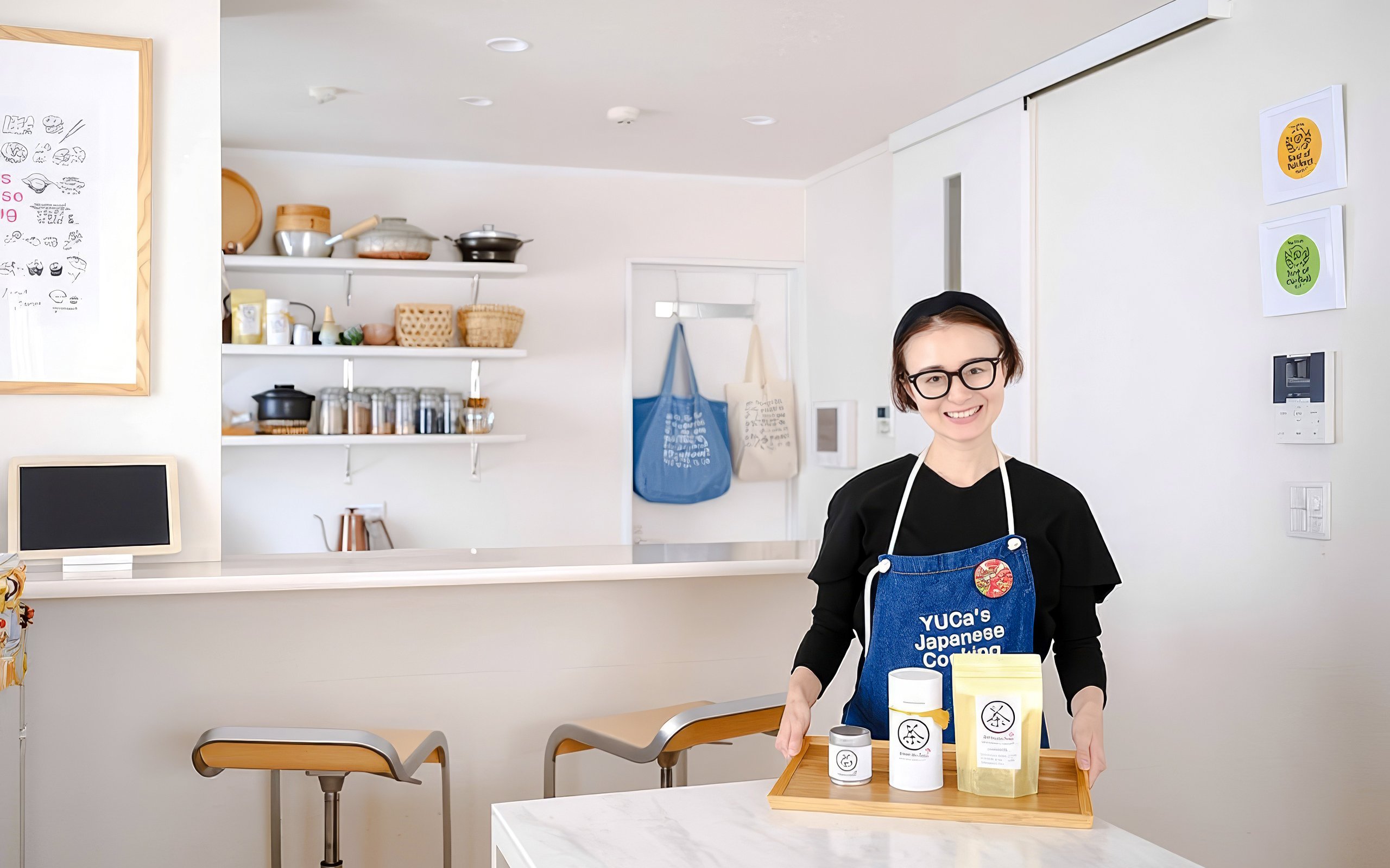Chef in Tokyo kitchen with ingredients for ramen and gyoza cooking class.