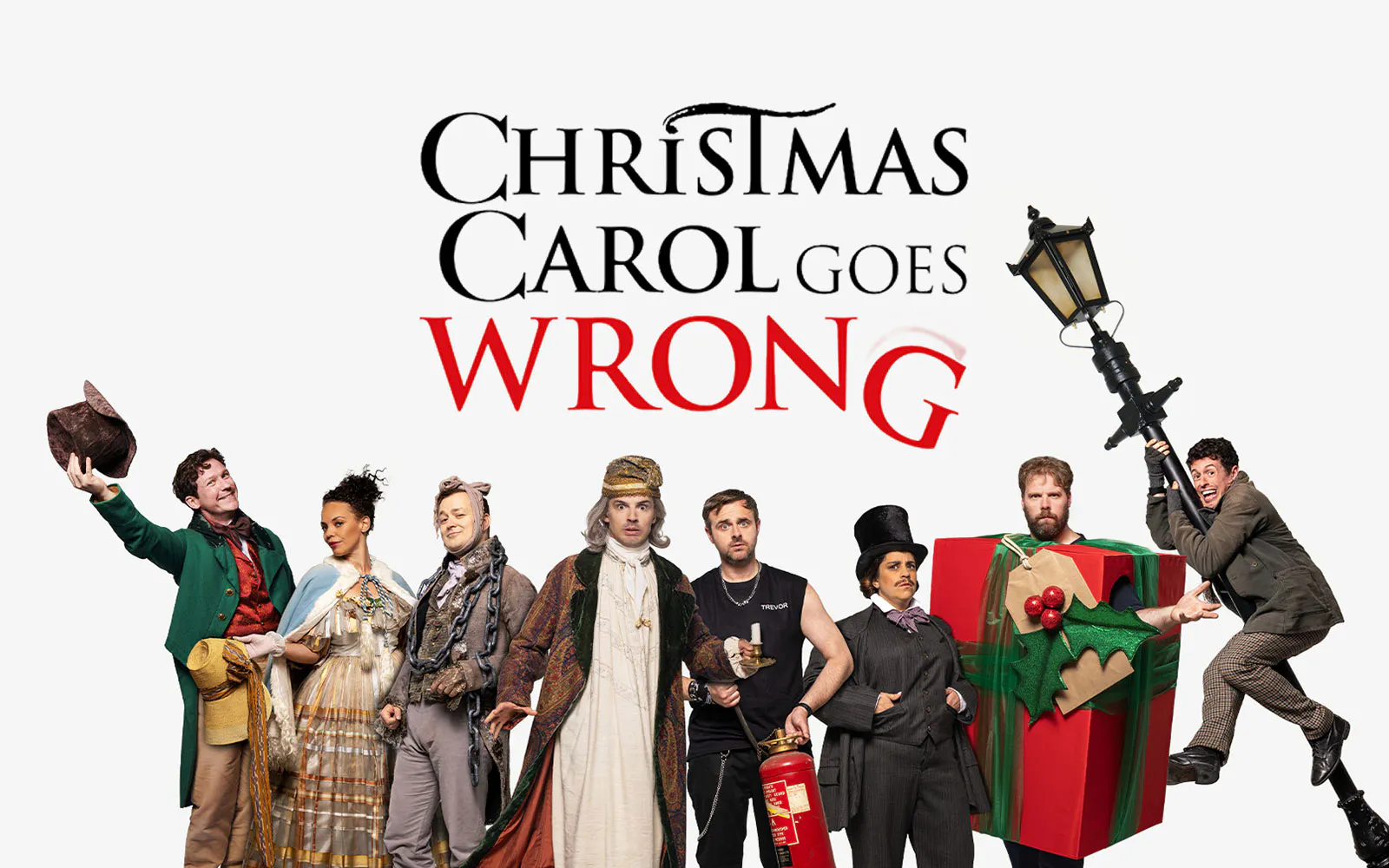 Cast of Christmas Carol Goes Wrong in Sydney with comedic costumes and props