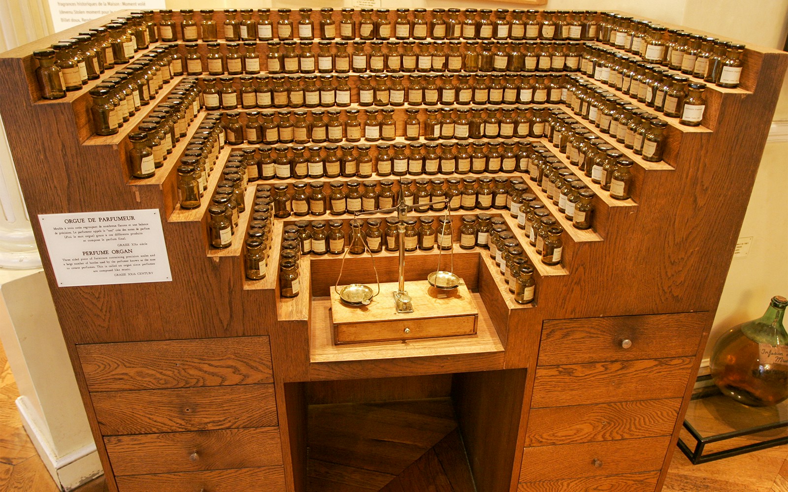 Perfumer’s organ with fragrance bottles at Fragonard Tours, Nice.