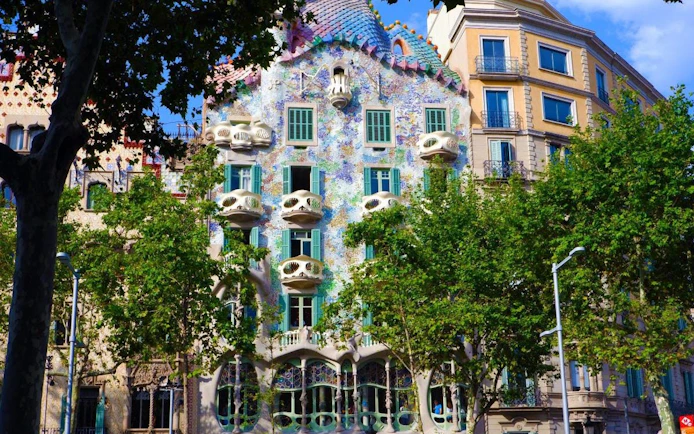 Colorful facade of Casa Batlló in Barcelona, designed by Antoni Gaudí.