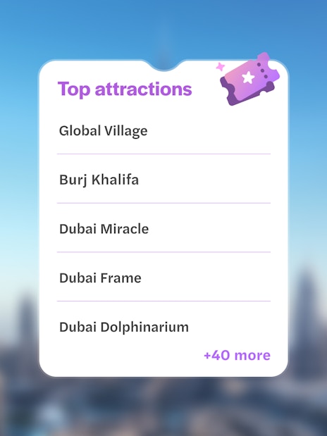 List of top attractions in Dubai including Burj Khalifa with city skyline background.