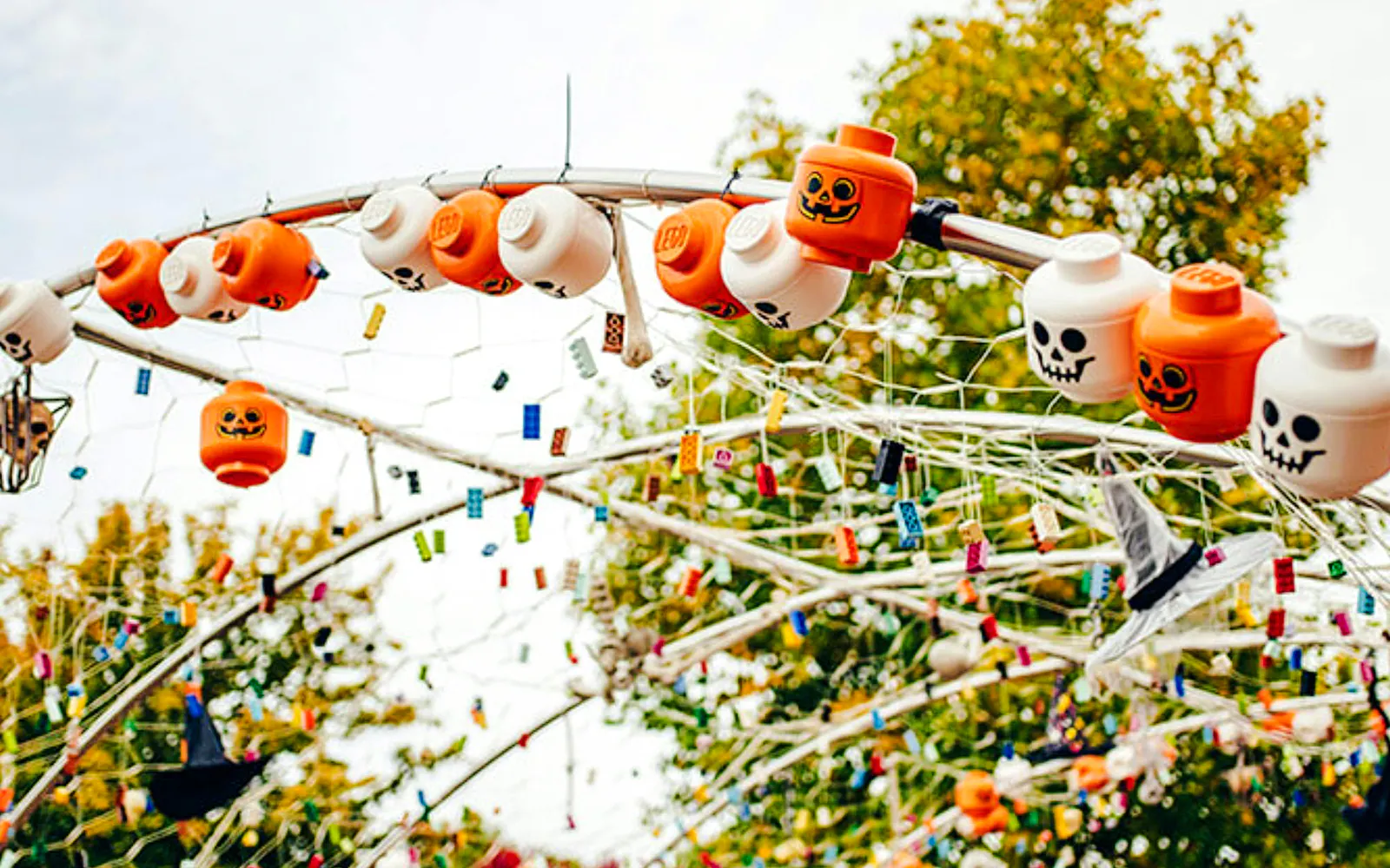 Lego pumpkin and skull decorations at Legoland Billund Halloween event.