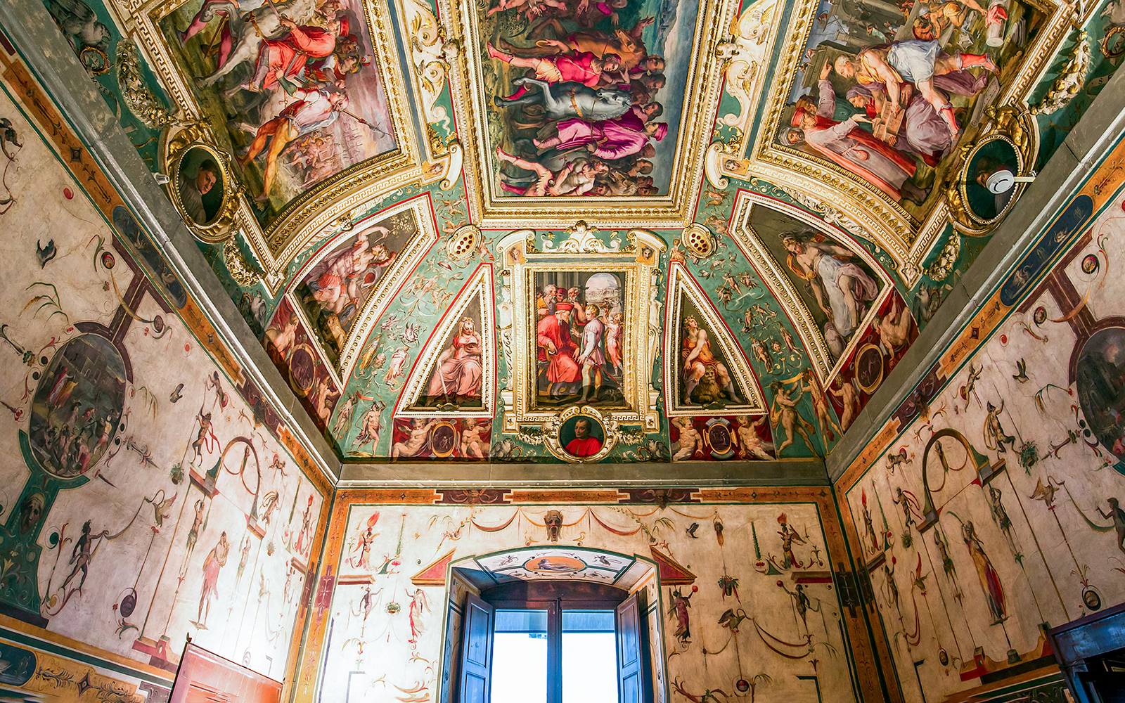 Palazzo Vecchio ornate ceiling and frescoes in Florence, Italy.