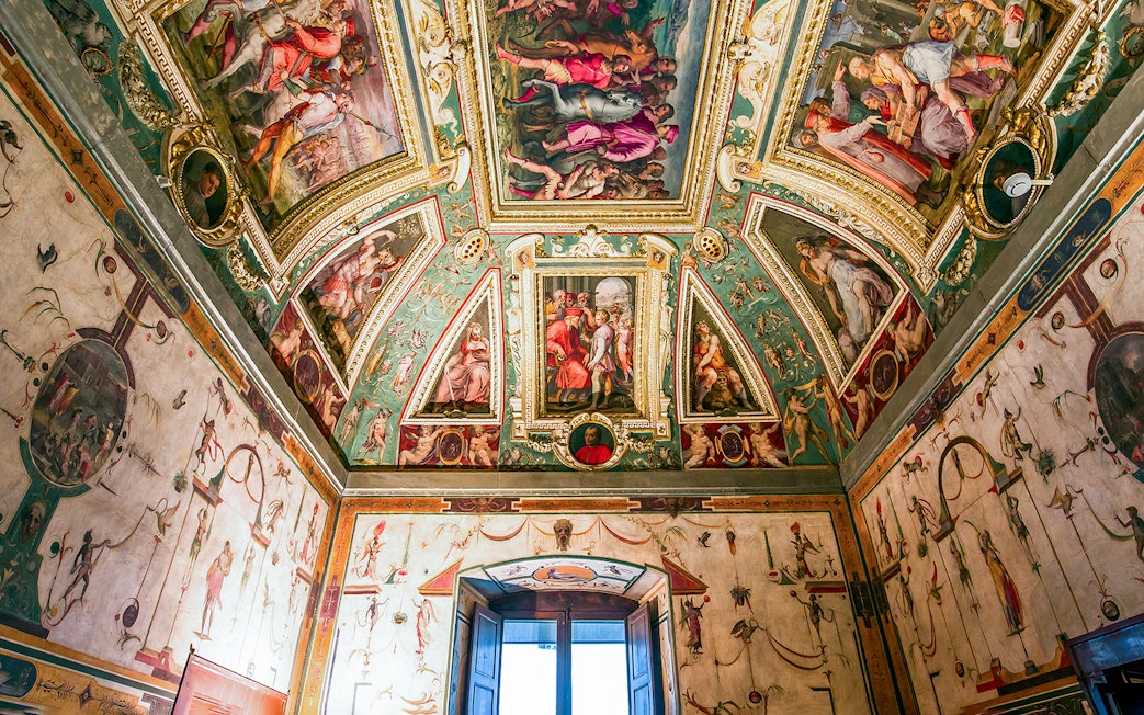 Palazzo Vecchio ornate ceiling and frescoes in Florence, Italy.