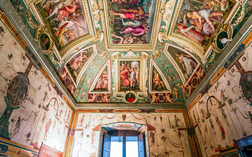 Palazzo Vecchio ornate ceiling and frescoes in Florence, Italy.