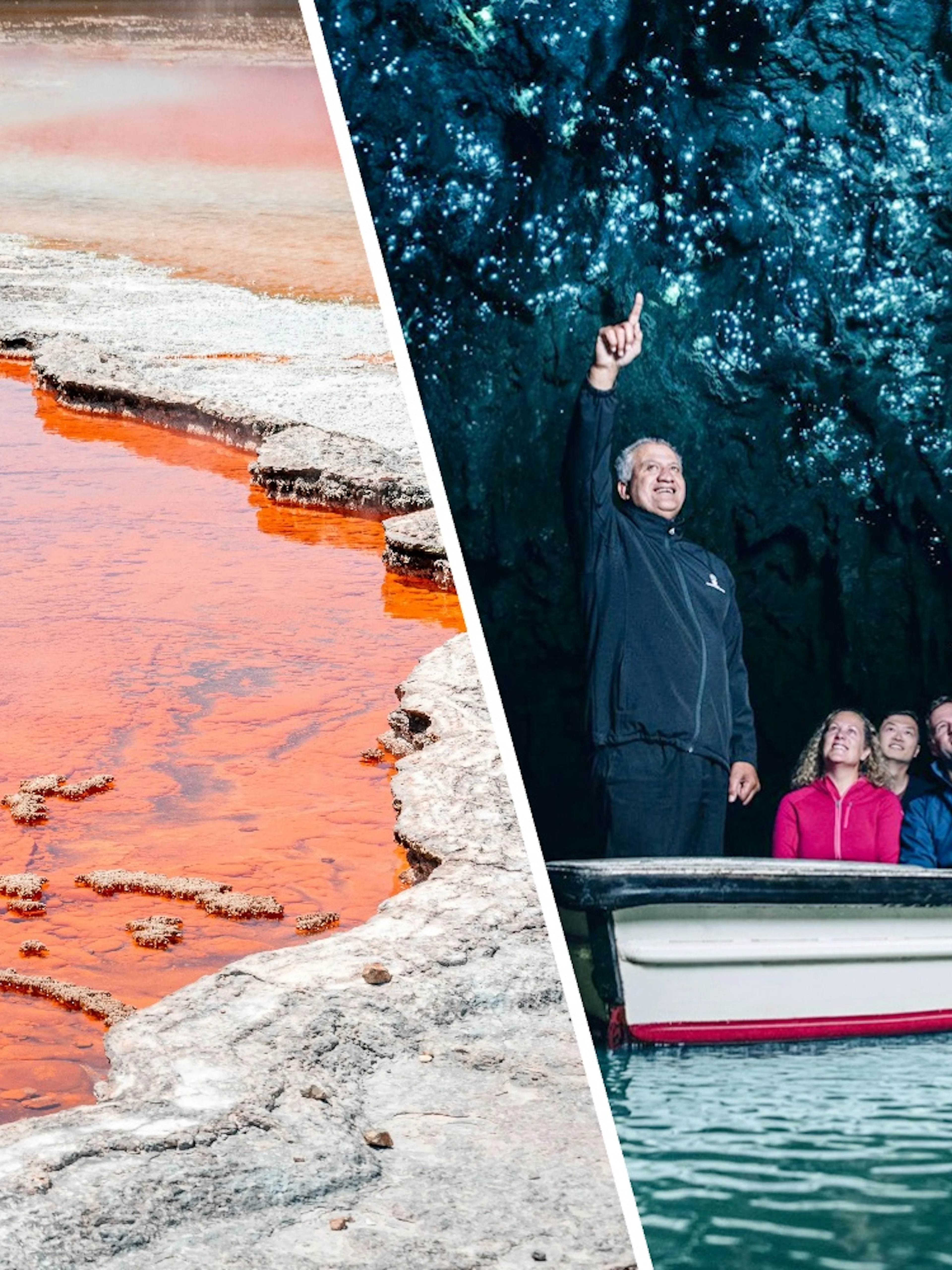 Wai-O-Tapu Thermal Wonderland's colorful geothermal pool and tourists in Waitomo Glowworm Caves, Auckland.