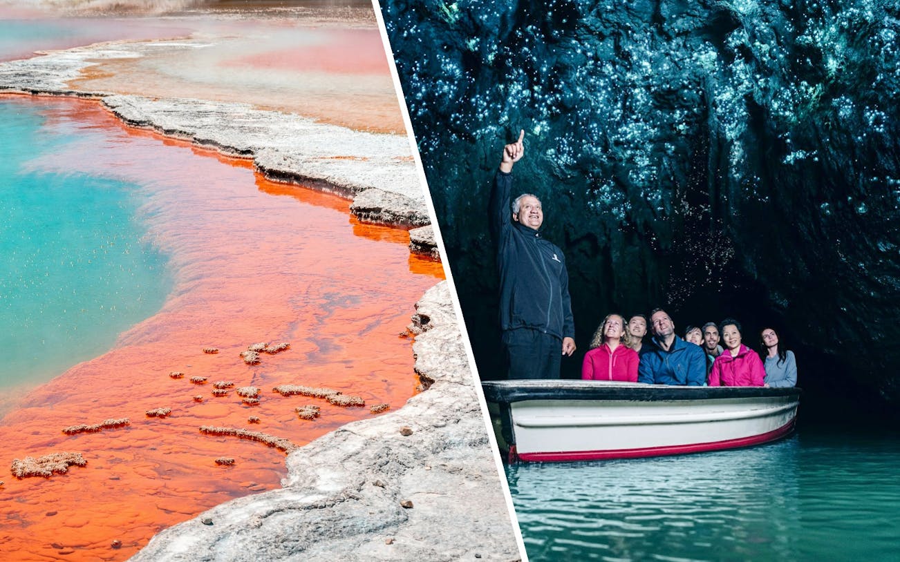 Wai-O-Tapu Thermal Wonderland's colorful geothermal pool and tourists in Waitomo Glowworm Caves, Auckland.