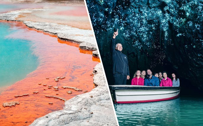 Wai-O-Tapu Thermal Wonderland's colorful geothermal pool and tourists in Waitomo Glowworm Caves, Auckland.