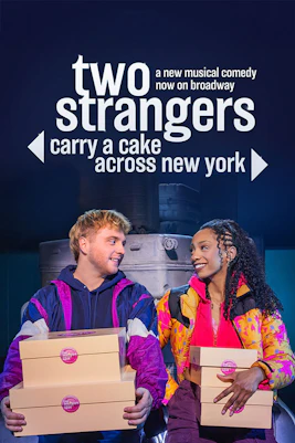 Two actors holding cake boxes for "Two Strangers Carry a Cake Across New York" Broadway show.