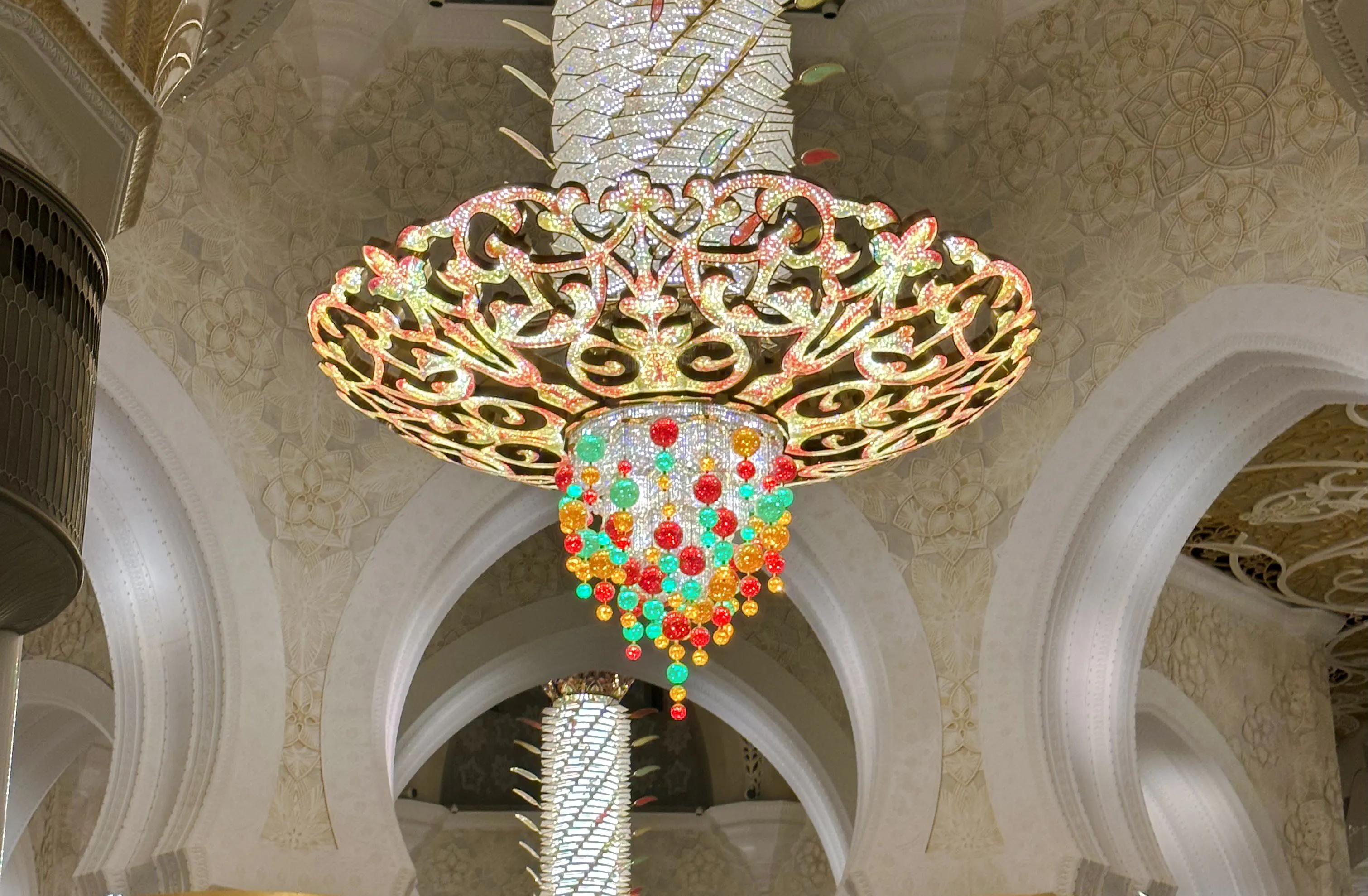Chandelier inside Sheikh Zayed Grand Mosque during Abu Dhabi night city tour.