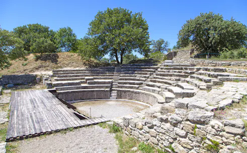 Ancient amphitheater ruins in Troy, Turkey, surrounded by trees under a clear sky.