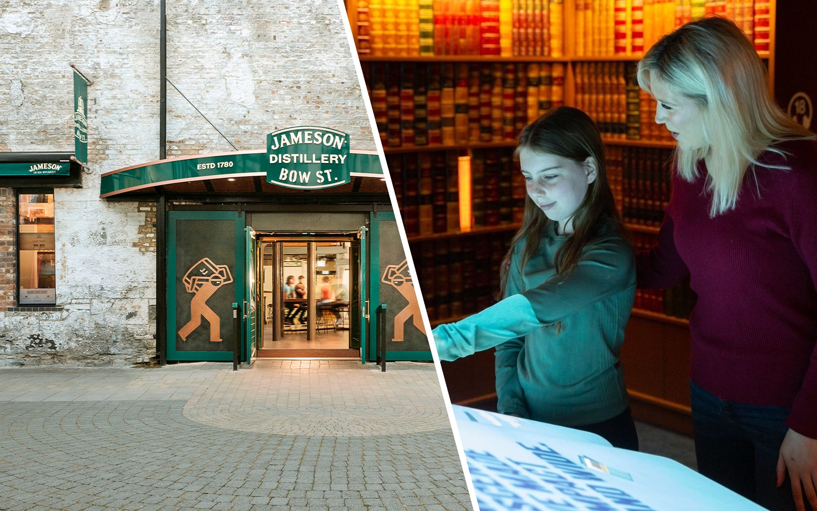 Jameson Distillery entrance in Dublin and visitors exploring EPIC Museum interactive display.