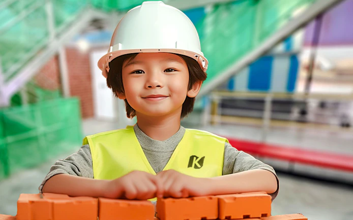 Child in construction gear at KidZania Singapore.
