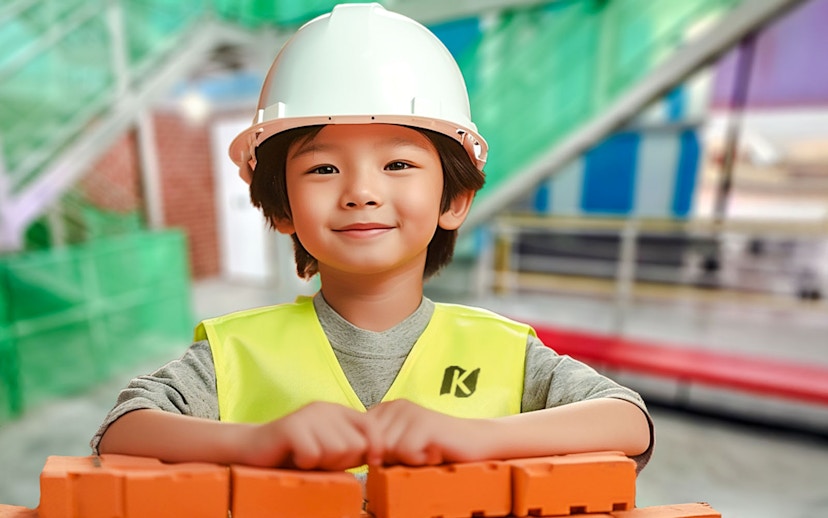 Child in construction gear at KidZania Singapore.