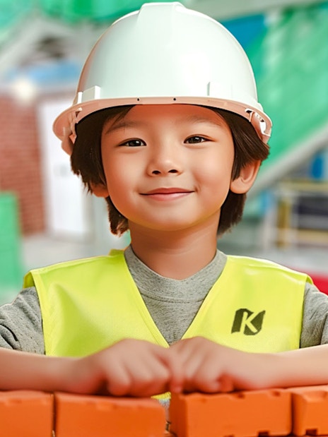 Child in construction gear at KidZania Singapore.
