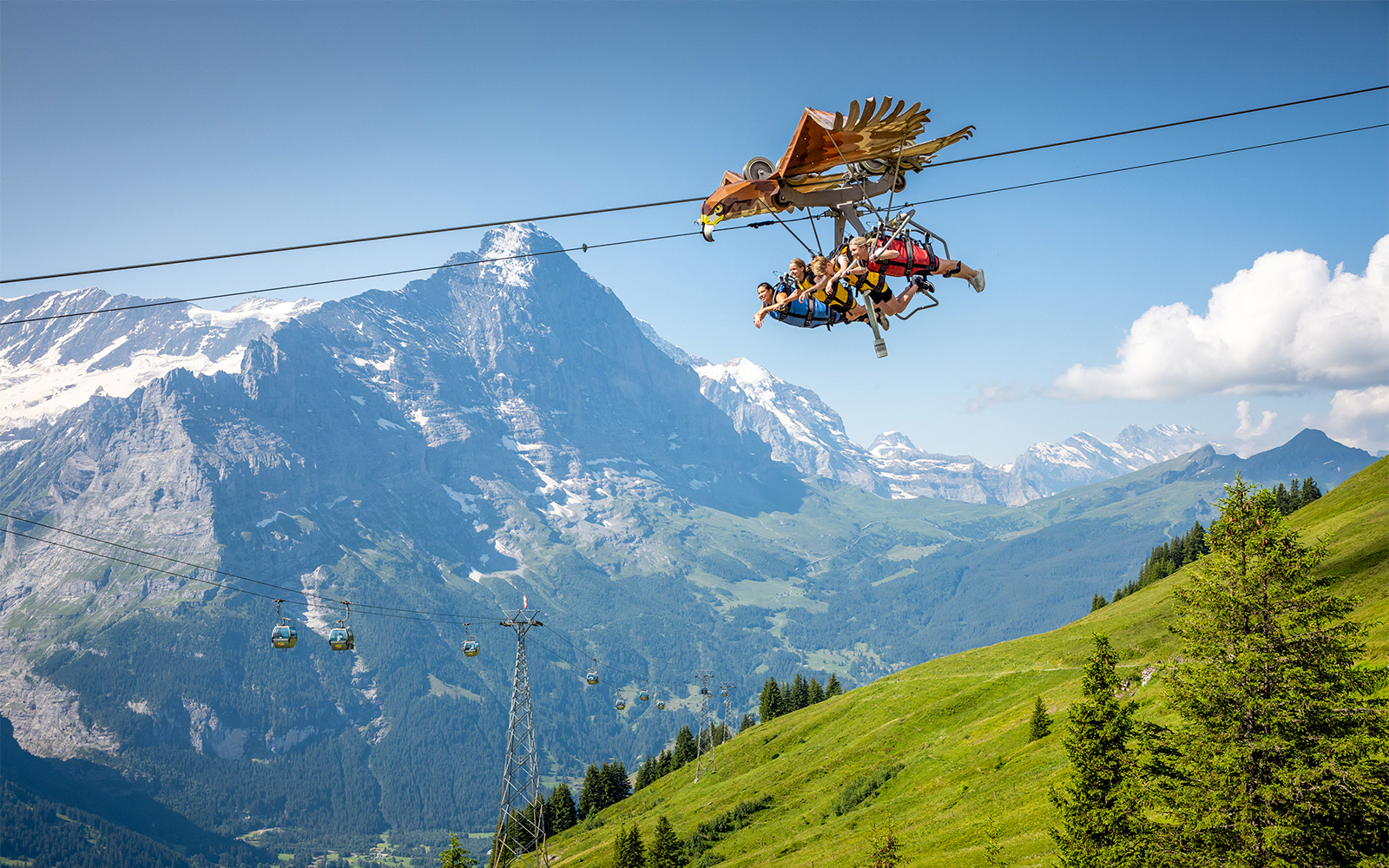 Tourists enjoying the First Glider ride over Grindelwald's scenic landscape.