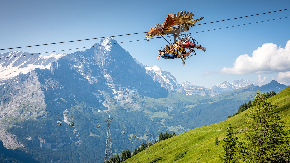 Tourists enjoying the First Glider ride over Grindelwald's scenic landscape.