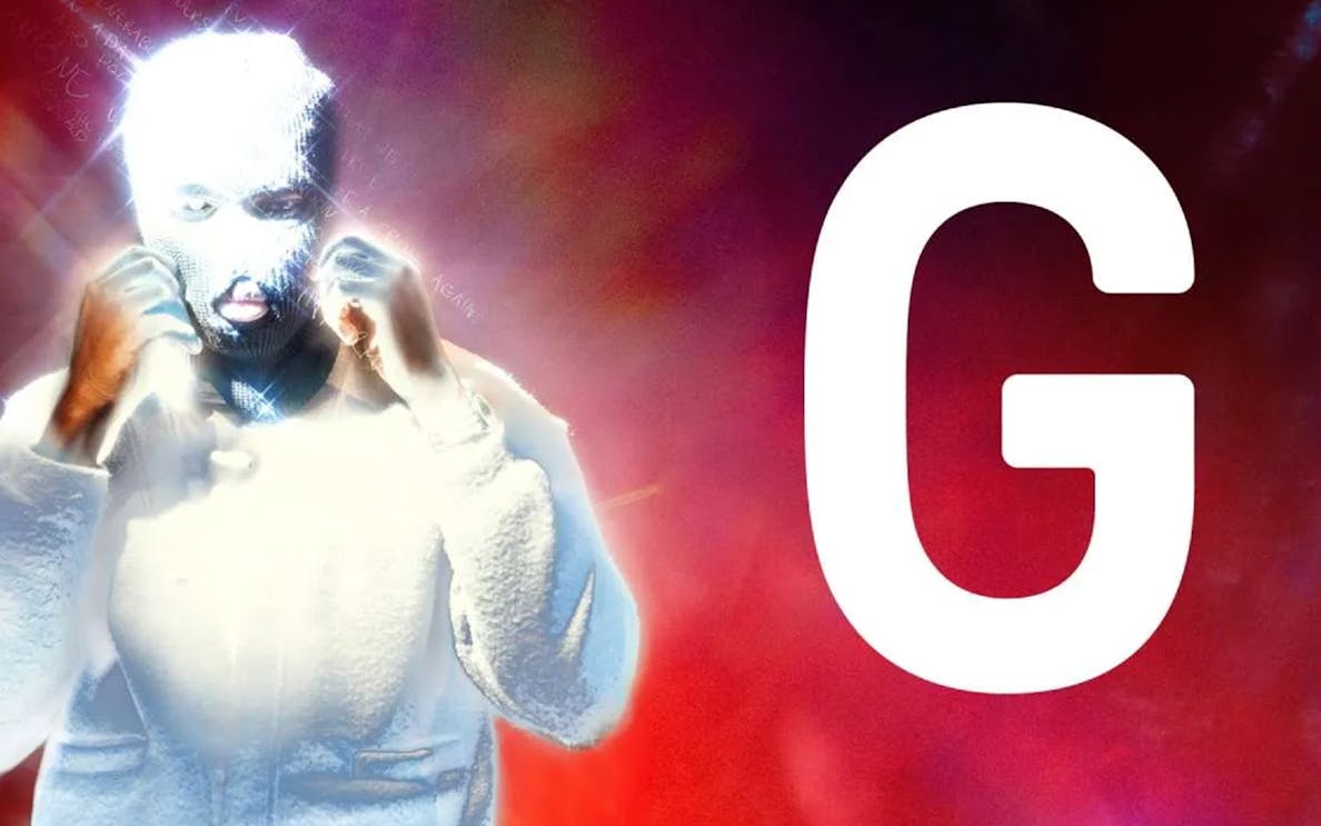 Illuminated figure with a mask next to a large letter G on a vibrant background.