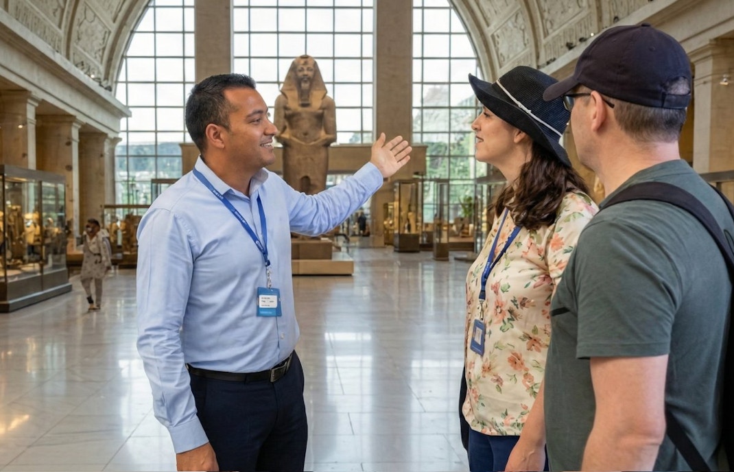 Guide explaining exhibits to couple at Grand Egyptian Museum, Cairo day trip from Hurghada.