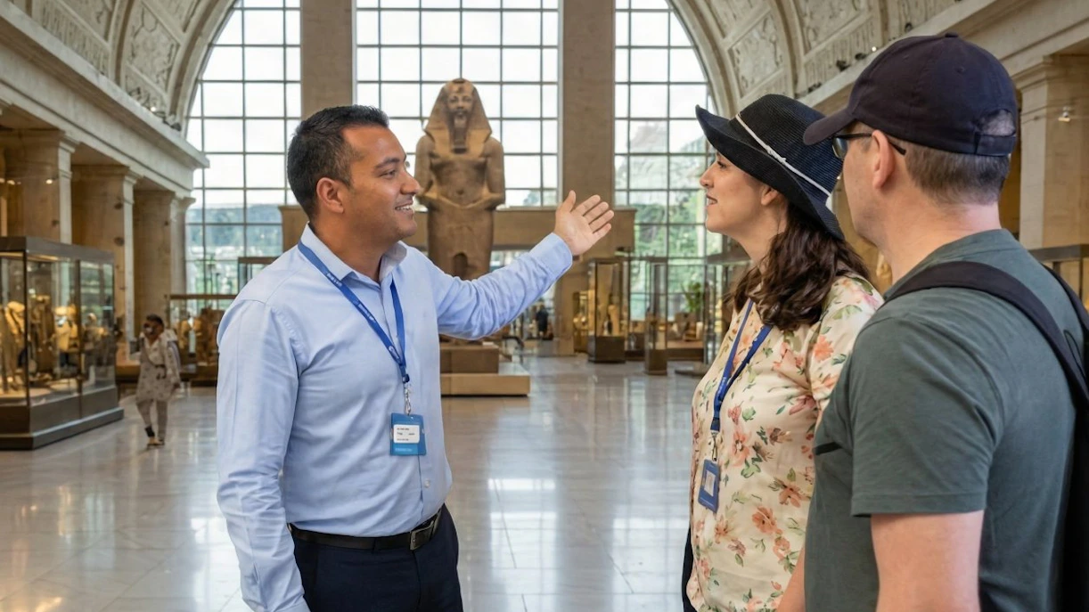 Guide explaining exhibits to couple at Grand Egyptian Museum, Cairo day trip from Hurghada.