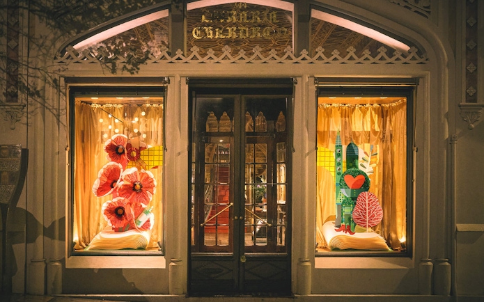 Livraria Lello entrance with Christmas decorations in Porto, Portugal.